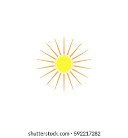 The sun sign on white background. Orange solar mark. Bright, sunny icon good mood. Isolated logo spring, summer. Symbol hot, warm, sunlight and good weather. Flat vector image. Vector illustration.