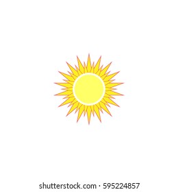 The sun sign on white background. Yellow solar mark. Bright, sunny icon good mood. Isolated logo spring, summer. Symbol hot, warm, sunlight and good weather. Flat vector image. Vector illustration.