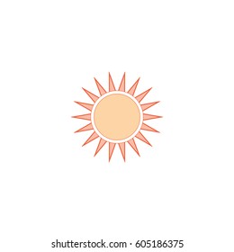 The sun sign on white background. Orange solar mark. Bright, sunny icon good mood. Isolated logo spring, summer. Symbol hot, warm, sunlight and good weather. Flat vector image. Vector illustration.