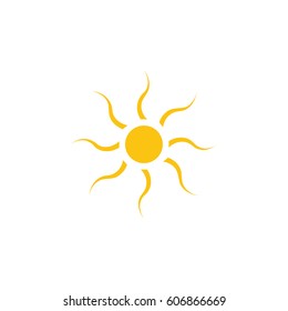 The sun sign on white background. Yellow solar mark. Bright, sunny icon good mood. Isolated logo spring, summer. Symbol hot, warm, sunlight and good weather. Flat vector image. Vector illustration.