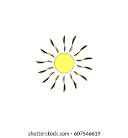 The sun sign on white background. Black solar mark. Bright, sunny icon good mood. Isolated logo spring, summer. Symbol hot, warm, sunlight. Flat vector image. Design element. Vector illustration.