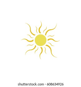 The sun sign on white background. Yellow solar mark. Bright, sunny icon good mood. Isolated logo spring, summer. Symbol hot, warm, sunlight and good weather. Flat vector image. Vector illustration.