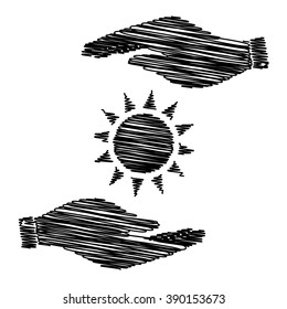 Sun sign. Save or protect symbol by hands with scribble effect.