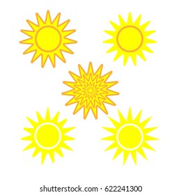 Sun sign set. Yellow plane icon isolated on white background. Color sunlight logo. Sunshine symbol. Light flat silhouette. Weather mark. Stock vector illustration