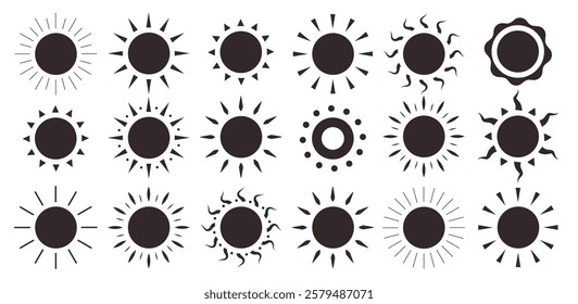 Sun silhouette clipart set. Black sun logo and symbol clip art collection with sunset icon vector illustration. 
