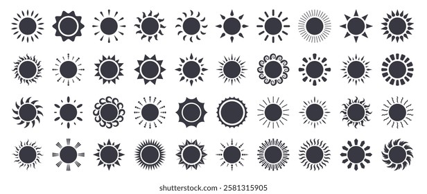 Sun silhouette icon clipart set. Sun logo and symbol clip art in black drawing graphic elements collection with variety of sunrays vector illustration.  
