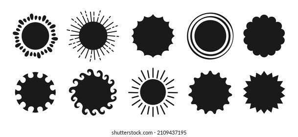 Sun silhouette stamp black stencil set. Summer symbol suns collection. Solar Shine sun with sunbeams. Isolated abstract sunny vector clipart illustration white background