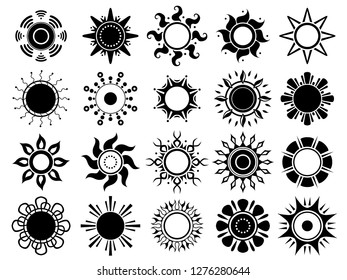 Sun silhouettes icon. Weather summers hot sunshine black graphic symbols vector isolated