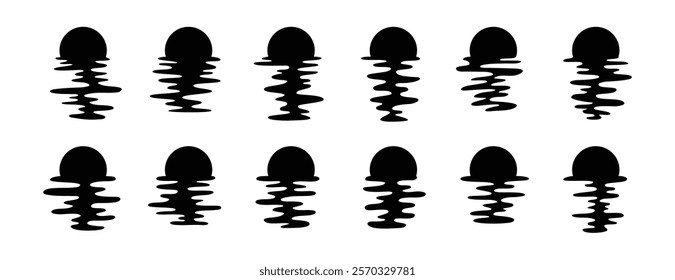 sun silhouettes set. Vector template sun reflection in water. Sunset and waves reflection. Vector illustration