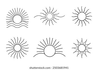 Sun simple and clean Line art of nature design vector illustration bundle on white background,