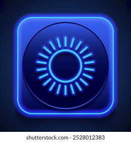 Sun simple icon, vector. Flat design. Blue neon style on button. With shadow.ai