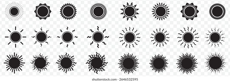 Sonne einfache Icons Sammlung von Schwarz Farbe Satz von 24 Heiße Sonnenenergie für tan, Vektorgrafik auf transparentem Hintergrund. EPS 10.