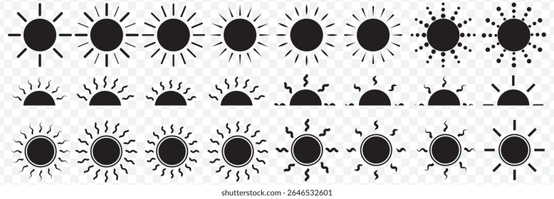 Sun simple icons collection of Black Color set of 24 Hot solar energy for tan, Vector illustration on Transparent Background. EPS 10.