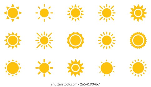 Sun simple icons collection. Sun icon set. Vector flat design. Collection of sun stars for use in as logo or weather icon. Summer, sunlight, nature, sky. Vector illustration.