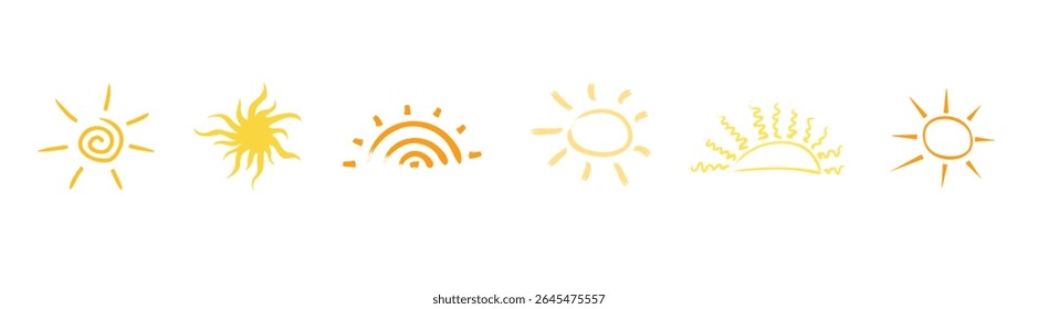 Sun simple icons collection. Sun vector illustration set in yellow color, shining sunshine and solar glow.