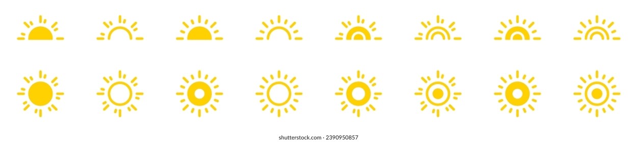  Kollektion einfacher Symbole von Sun. Gelbe Sonnensymbolsammlung. Sun-Vektorsymbol-Set. Sonnenscheinsymbole. Sonnenaufgang oder Sonnenuntergang.