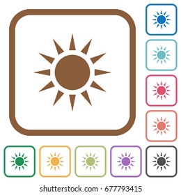 Sun simple icons in color rounded square frames on white background