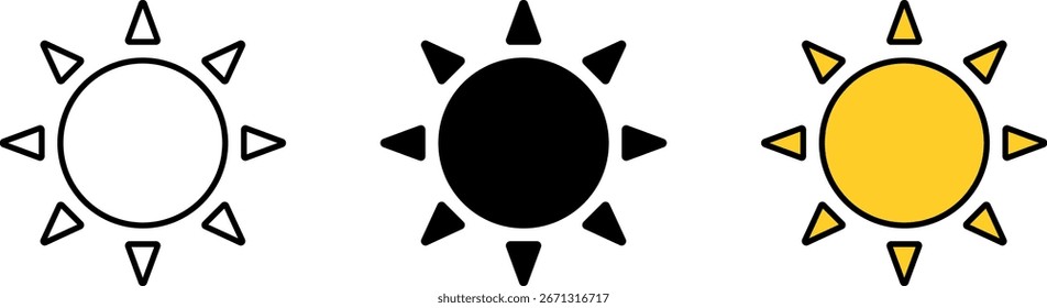 Sun simple icons in lined, isolated and colored style. Vector illustration