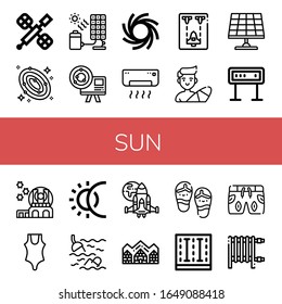 sun simple icons set. Contains such icons as Space station, Galaxy, Solar cell, Astronomy, Black hole, Air conditioner, Spaceship, Surfer, can be used for web, mobile and logo