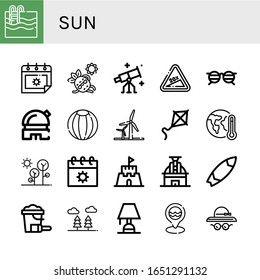 sun simple icons set. Contains such icons as Swimming pool, Summer, Sunbathing, Stargazing, Hill, Glasses, Observatory, Beach ball, Wind energy, can be used for web, mobile and logo