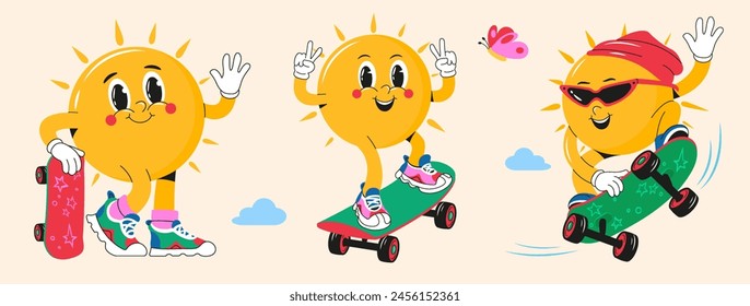 Sun skateboarder with a face, in stylish sneakers, Set of Sun-characters in cartoon style in various angles. Sticker, poster, print, design templates. Hand drawn vector illustration