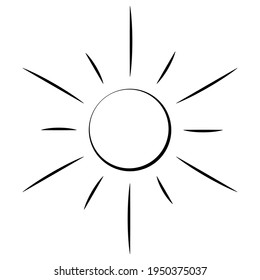 El sol. Esbozo. Luminaria celestial. Ilustración vectorial. Libro de Colores para niños. Estilo Doodle. Rayos ultravioletas. Predicción meteorológica. Estrella del día. Esquema sobre un fondo blanco aislado. 