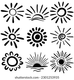 Sun sketch set. Collection of hand drawn suns. Funny doodle abstract sunbeams clipart. Vector illustration.