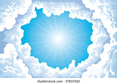 Sun in the sky with clouds. Cartoon and vector illustration