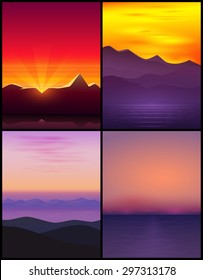 Sun, sky, clouds, mountains and sea. The sunset and sunrise. A set of four images.