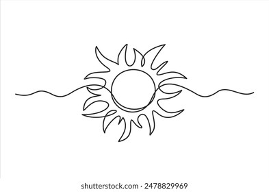 Sun in the sky. Continuous line art drawing style. Sunny weather minimalist black linear design isolated on white background. Vector illustration