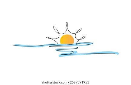 Sun in the sky. Continuous line art drawing style. Sunny weather minimalist black linear design isolated on white background. Vector illustration