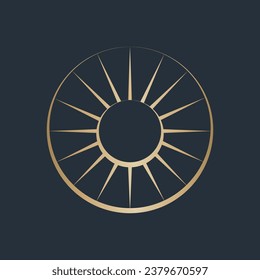 Sun, sky, earth, concept. Sacred geometry circle logo emblem. Modern, geometric, organic, spa style gold icon isolated on dark fund. Circular minimal deco design lines for holiday resort. Shiny rays.