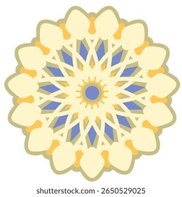 Sun and sky emblem. Vintage Mandala icon and sticker. Sun mandala. Floral mandala. Pastel color palette with warm and cool tones. Yellow, blue, green. Symmetrical flower for traditional effects.