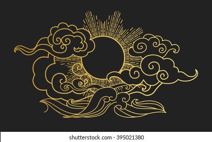 Sun in the sky over the sea. Decorative graphic design element. Vector illustration in oriental style