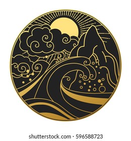 Sun in the sky over the sea. Decorative graphic design element. Vector illustration in oriental style