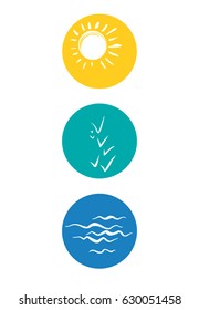 Sun. Sky. Sea. Three simple summer symbols. Vector flat template.