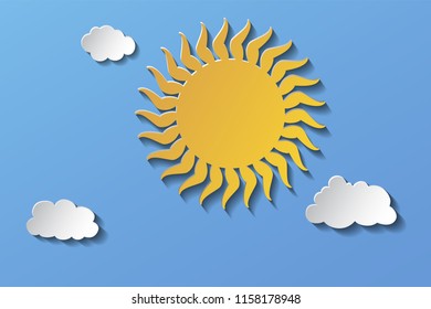 The sun in the sky and small clouds. The background is made in paper style. Eps 10