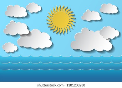 The sun in the sky, small clouds and the sea. The background is made in paper style. Eps 10