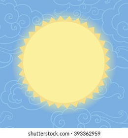 Sun in the sky. Stylized sun on seamless background with clouds. Vector illustration