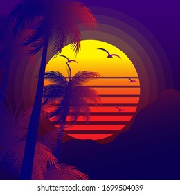 Sun Sky Sunset Palms Background Vector