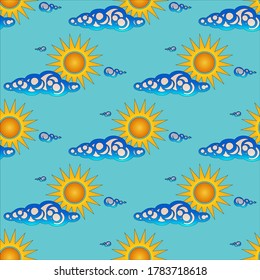 Sun in the sky surrounded by clouds.Vector pattern illustration.