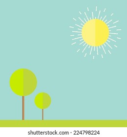 Sun, sky, tree, grass, bird. Summer landscape in flat design style. Vector illustration