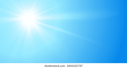 Sun in sky vector realistic background. Summer illustration with blue clear sky and sunlight with sunshine glare rays.