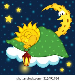 sun sleeping on cloud - vector illustration, eps