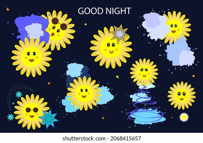 Sol con una sonrisa. Antecedentes de una buena noche. La cara feliz y sorprendida del patrón infantil. Emoji, hipster, pegatina graciosa positiva con una sonrisa. Buen humor, plantilla para el diseño de folletos para niños. Vector