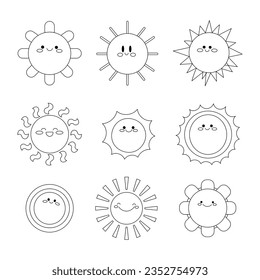 Sun smile character. Coloring Page. Happy face cartoon. Vector drawing. Collection of design elements.
