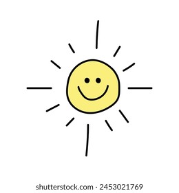 Sun with a smile in doodle style. Isolated on white background