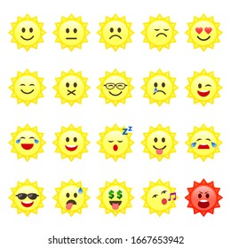 Sun Smile emoticon cartoon set Vector icons. Different Character or mood on sun smiley face.
