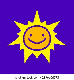 Caricatura del doodle de sol con sonrisa, ilustración para camisetas, pegatinas o prendas de vestir. Con estilo pop moderno y retro.