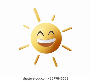 Sun smile icon 3D illustration. Happy smiling sun. Cute sun. Sunshine emoji. Funny emotion. 3D sun icon vector illustration isolated on white. Flaming crown frame